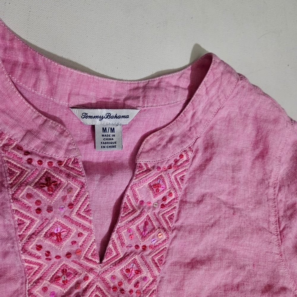 Tommy Bahama Pink Linen Embroidered Sequin V-Neck Tunic Blouse Mens Medium - Picture 4 of 6
